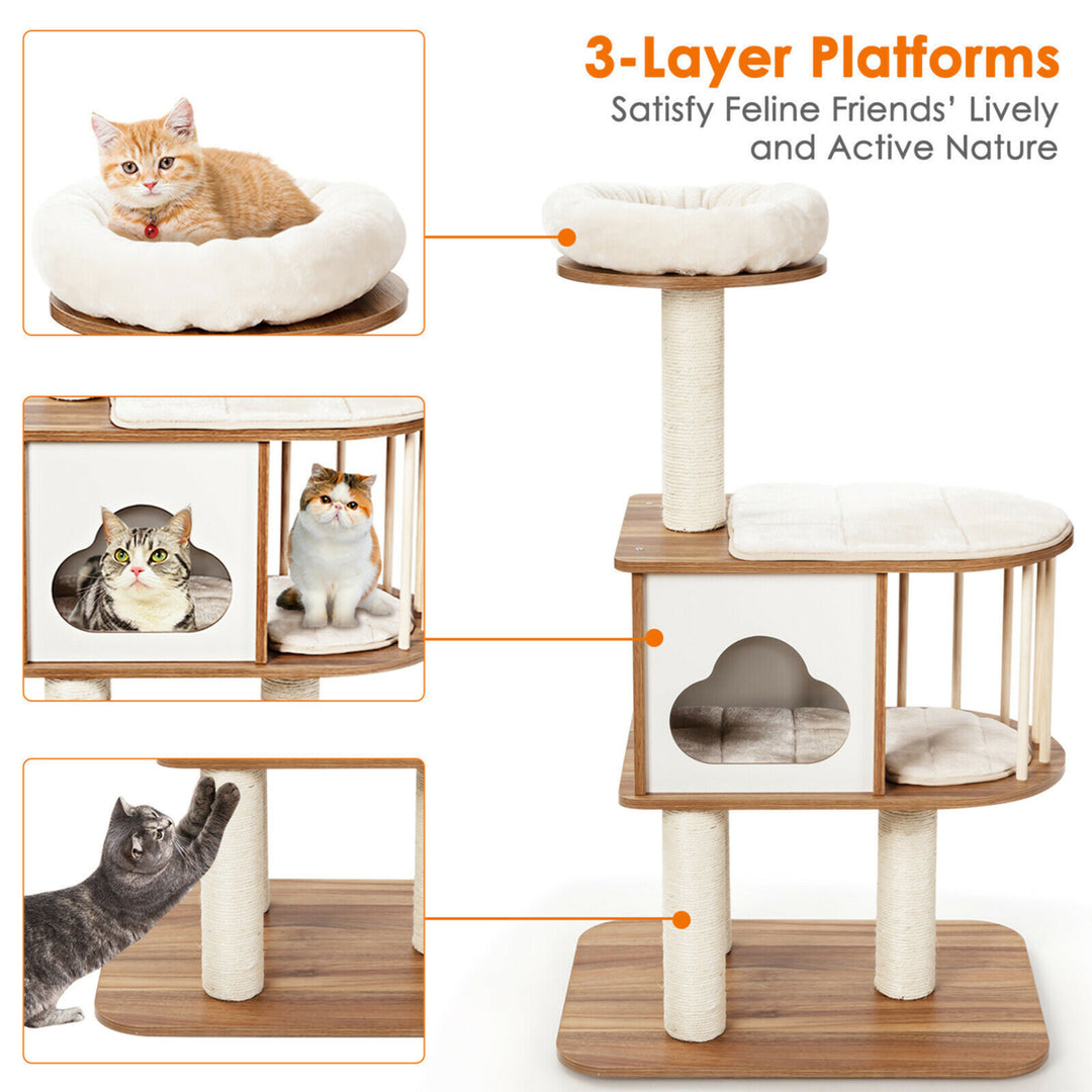 46 Modern Wooden Cat Tree with Platform and Washable Cushions for Kittens and Cats Image 9