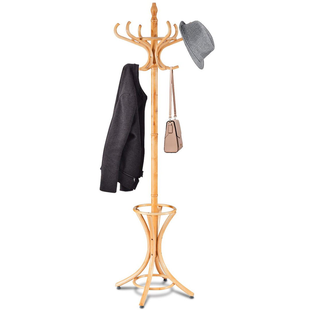 Wood Standing Hat Coat Rack Jacket Bag Hanger Tree 12 Hooks Umbrella Stand Image 1