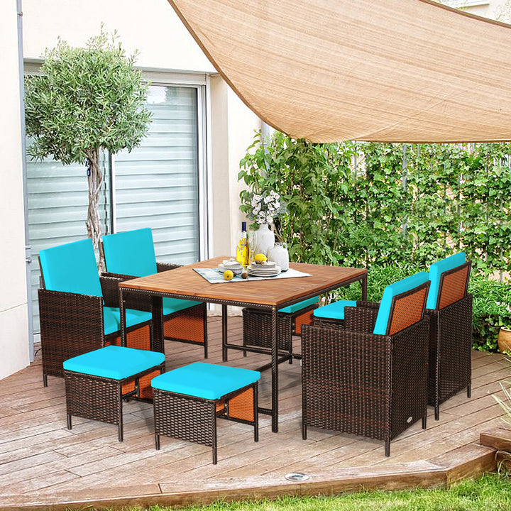 9PCS Rattan Wicker Dining Set Patio Outdoor Furniture Set w/ Turquoise Cushion Image 3