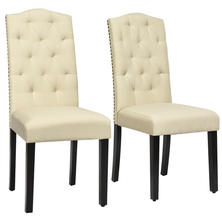 Set of 2 Tufted Upholstered Dining Chair w/ Nailhead Trim and Rubber Wooden Legs Image 1