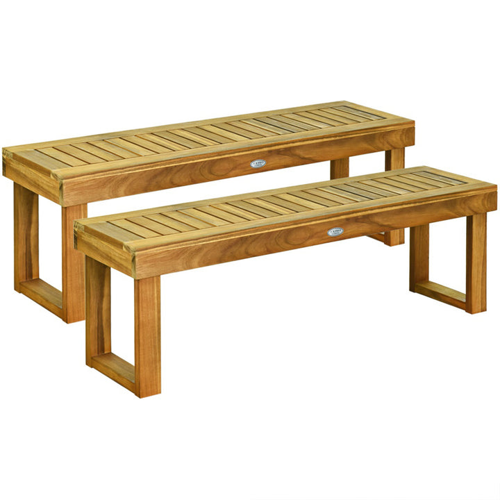 Set of 2 Patio Garden Dining Bench Acacia Wood Bench Image 1