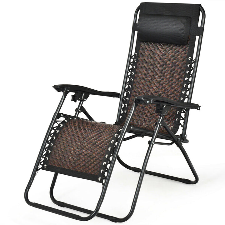 Folding Rattan Patio Zero Gravity Lounge Chair Recliner w/ Headrest Image 2