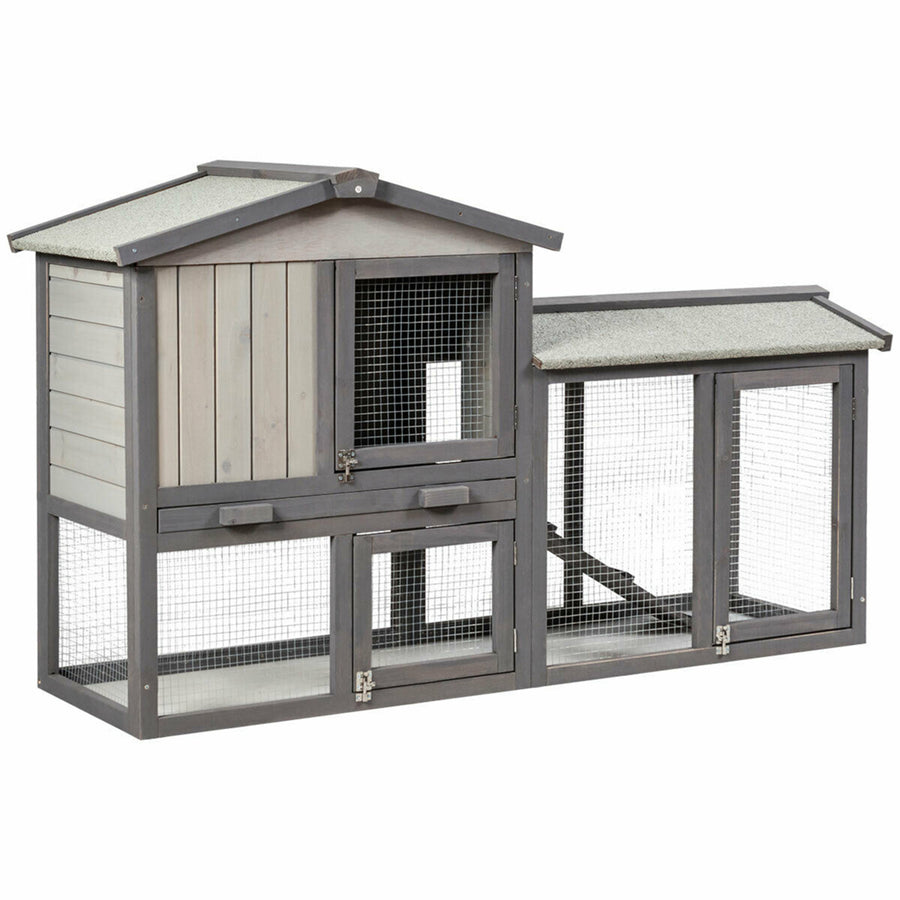 58 Wooden Rabbit Hutch Large Chicken Coop Weatherproof Indoor Outdoor Use Gray Image 1