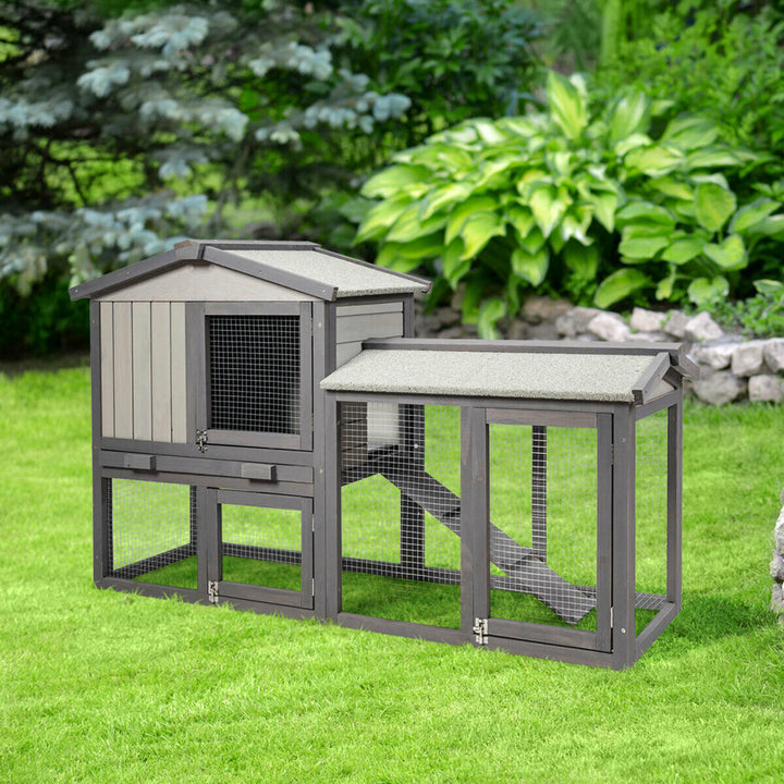 58 Wooden Rabbit Hutch Large Chicken Coop Weatherproof Indoor Outdoor Use Gray Image 3