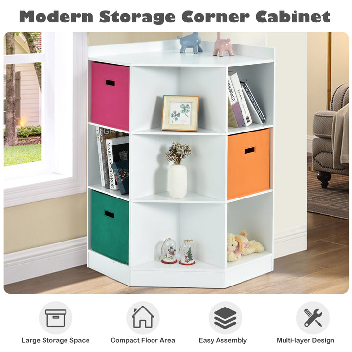 3-Tier Kids Storage Shelf Cubes w/3 Baskets Corner Cabinet Organizer White Image 6