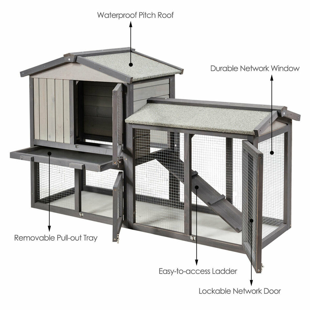 58 Wooden Rabbit Hutch Large Chicken Coop Weatherproof Indoor Outdoor Use Gray Image 9