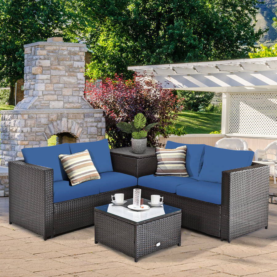 4PCS Cushioned Rattan Patio Conversation Set w/ Side Table Navy Cushion Image 1