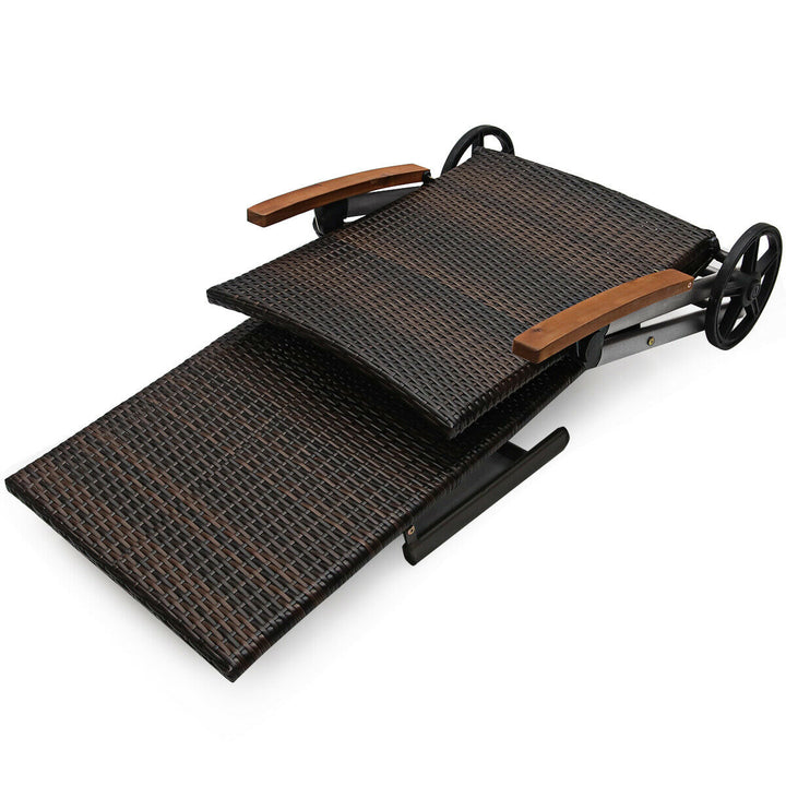 Gymax 2 PCS Folding Patio Rattan Lounge Chair Chaise Cushioned Aluminum Adjust Wheel Image 4