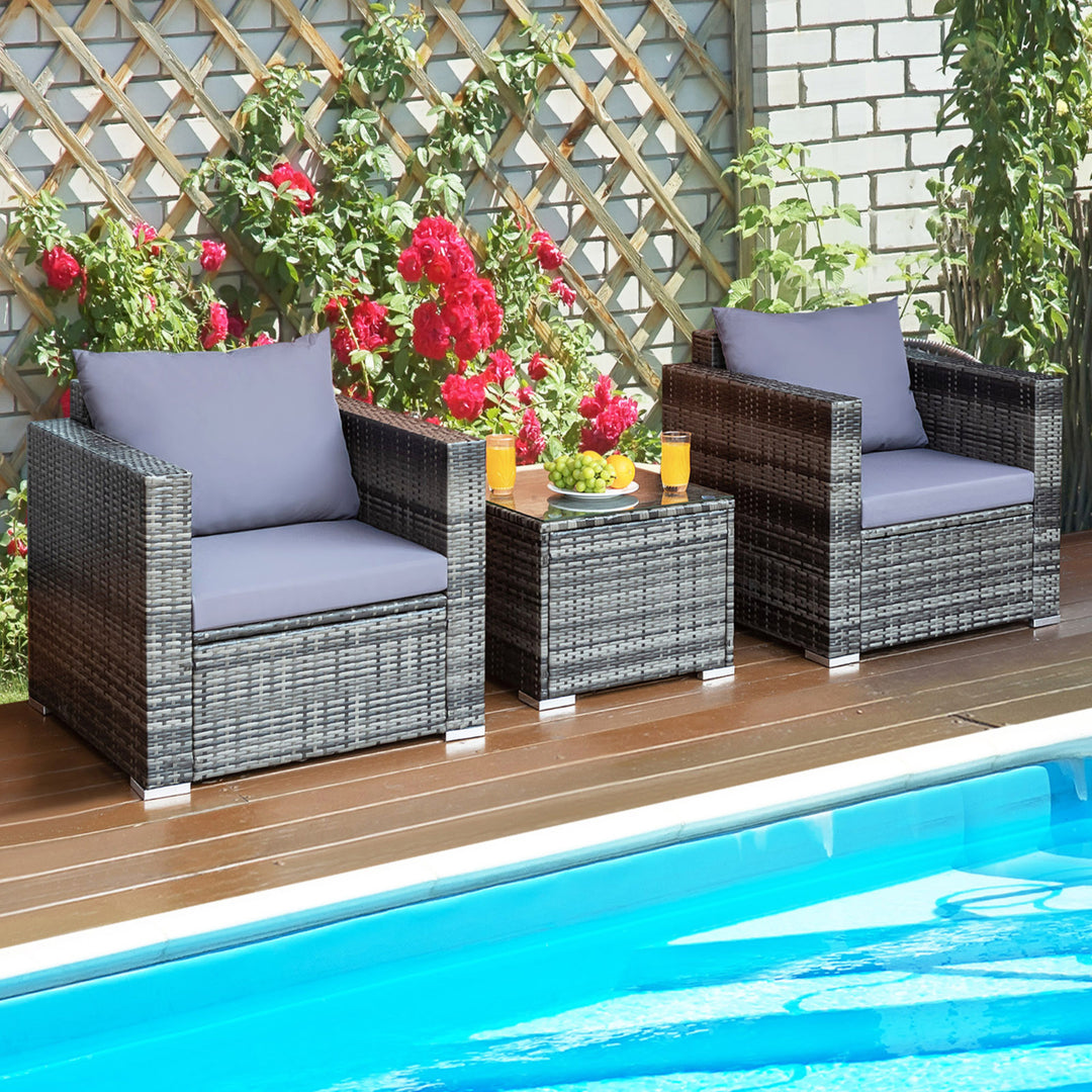 3PCS Rattan Patio Conversation Set Outdoor Furniture Set w/ Table Cushion Image 6