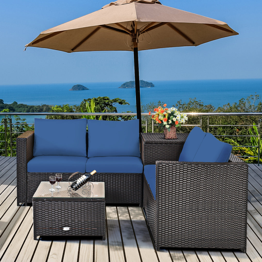 4PCS Cushioned Rattan Patio Conversation Set w/ Side Table Navy Cushion Image 3