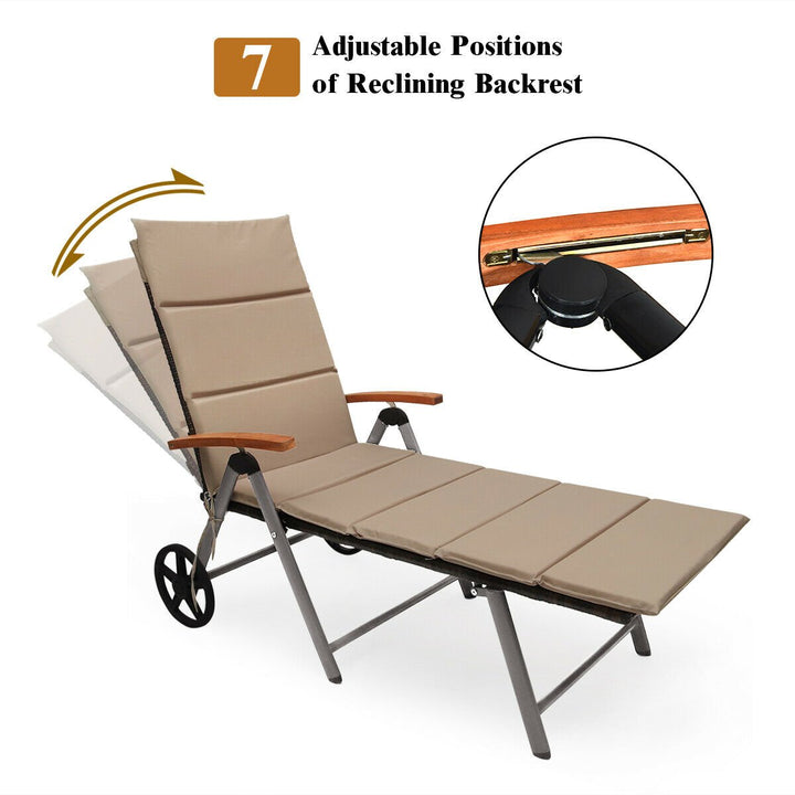 Gymax 2 PCS Folding Patio Rattan Lounge Chair Chaise Cushioned Aluminum Adjust Wheel Image 8