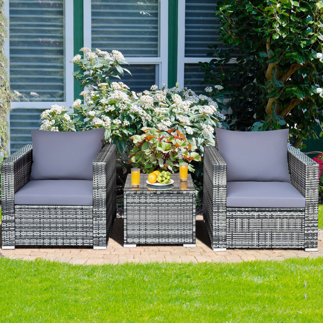 3PCS Rattan Patio Conversation Set Outdoor Furniture Set w/ Table Cushion Image 4