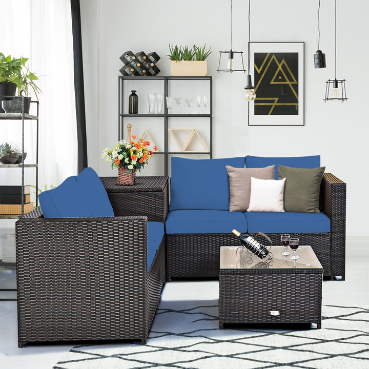 4PCS Cushioned Rattan Patio Conversation Set w/ Side Table Navy Cushion Image 4