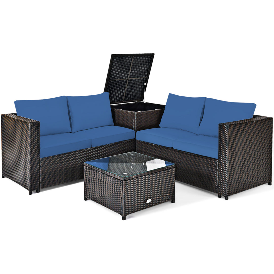 4PCS Cushioned Rattan Patio Conversation Set w/ Side Table Navy Cushion Image 2