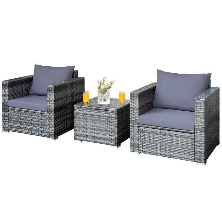 3PCS Rattan Patio Conversation Set Outdoor Furniture Set w/ Table Cushion Image 7