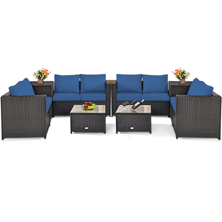 8PCS Cushioned Rattan Patio Conversation Set w/ Side Table Navy Cushion Image 2