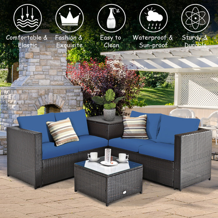 4PCS Cushioned Rattan Patio Conversation Set w/ Side Table Navy Cushion Image 7