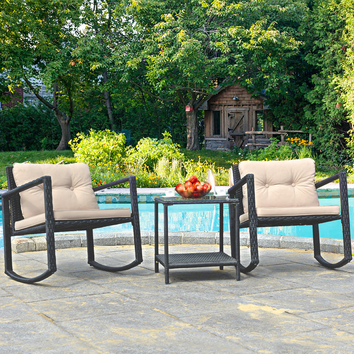 Set of 3 Rattan Rocking Chair Cushioned Sofa Unit Garden Patio Furniture Image 1