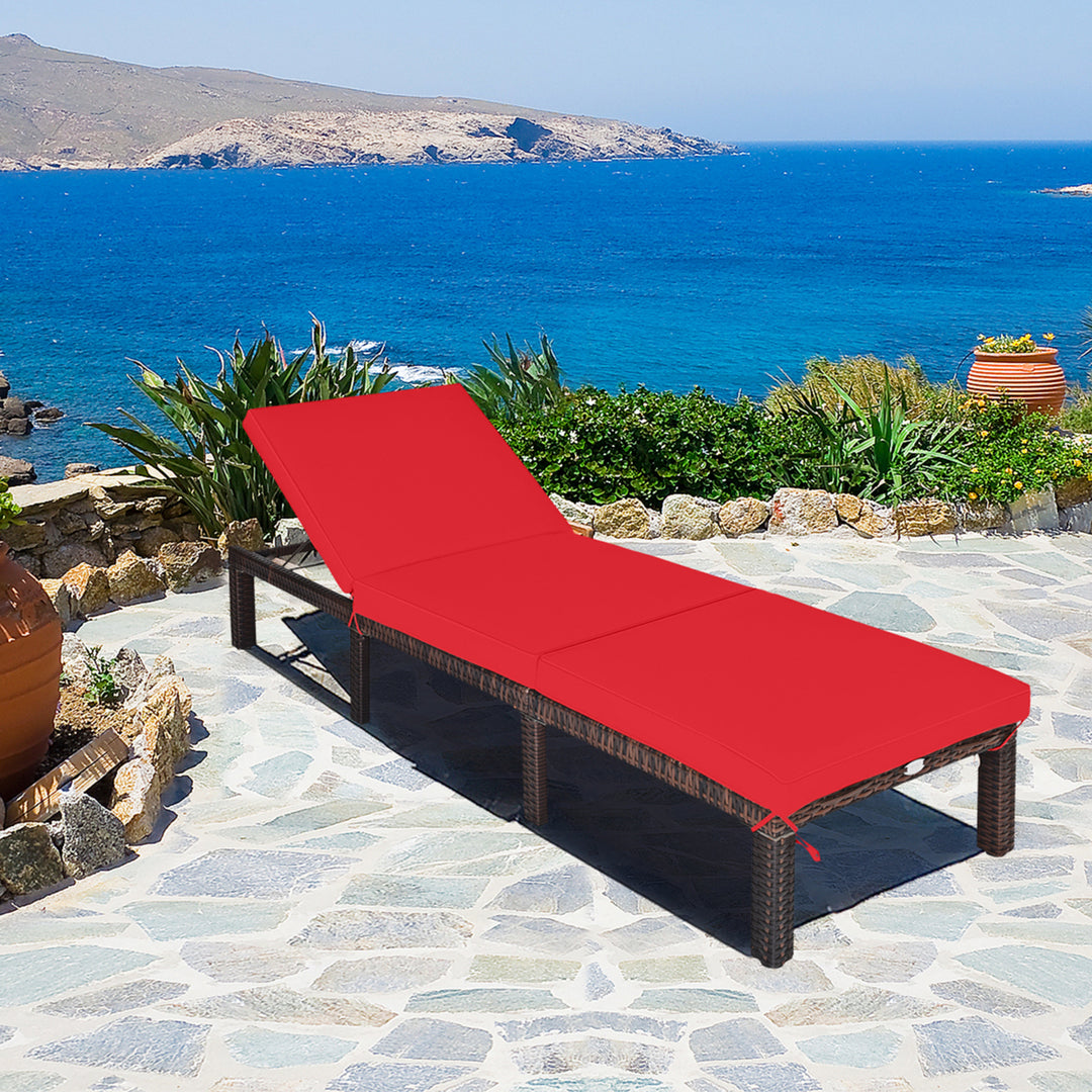 Adjustable Patio Rattan Chaise Lounge Chair Recliner Outdoor w/ Red Cushion Image 1