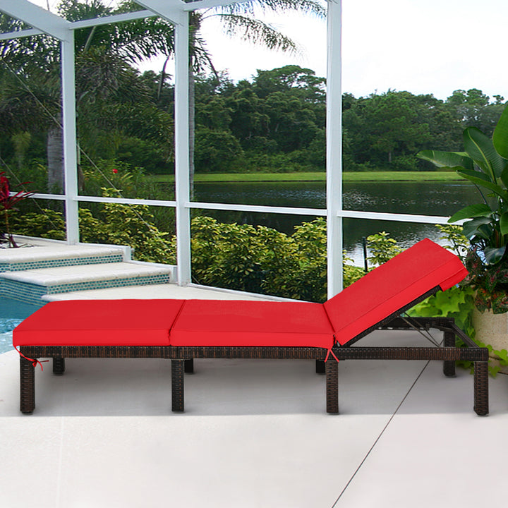 Adjustable Patio Rattan Chaise Lounge Chair Recliner Outdoor w/ Red Cushion Image 4