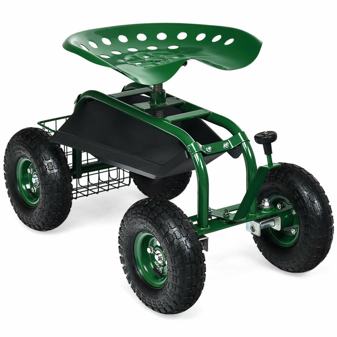 Rolling Garden Cart Scooter w/ Adjustable Seat Storage Basket Tray Green Image 1