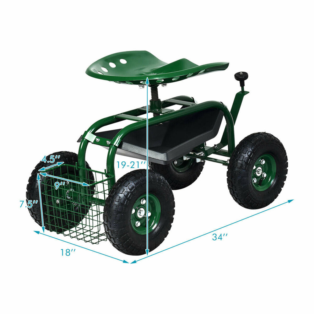 Rolling Garden Cart Scooter w/ Adjustable Seat Storage Basket Tray Green Image 2