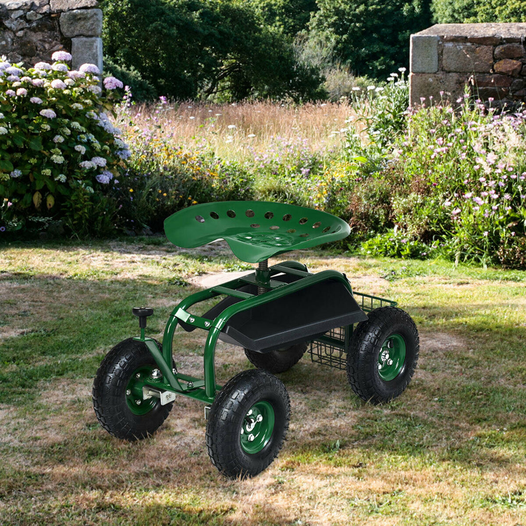 Rolling Garden Cart Scooter w/ Adjustable Seat Storage Basket Tray Green Image 3