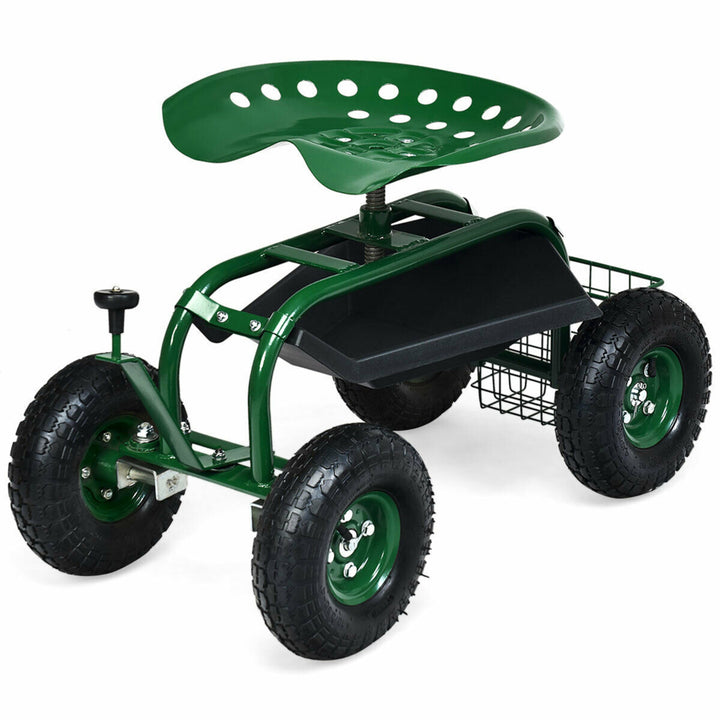 Rolling Garden Cart Scooter w/ Adjustable Seat Storage Basket Tray Green Image 4