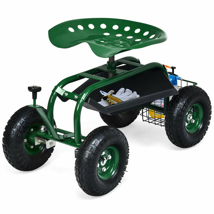 Rolling Garden Cart Scooter w/ Adjustable Seat Storage Basket Tray Green Image 5