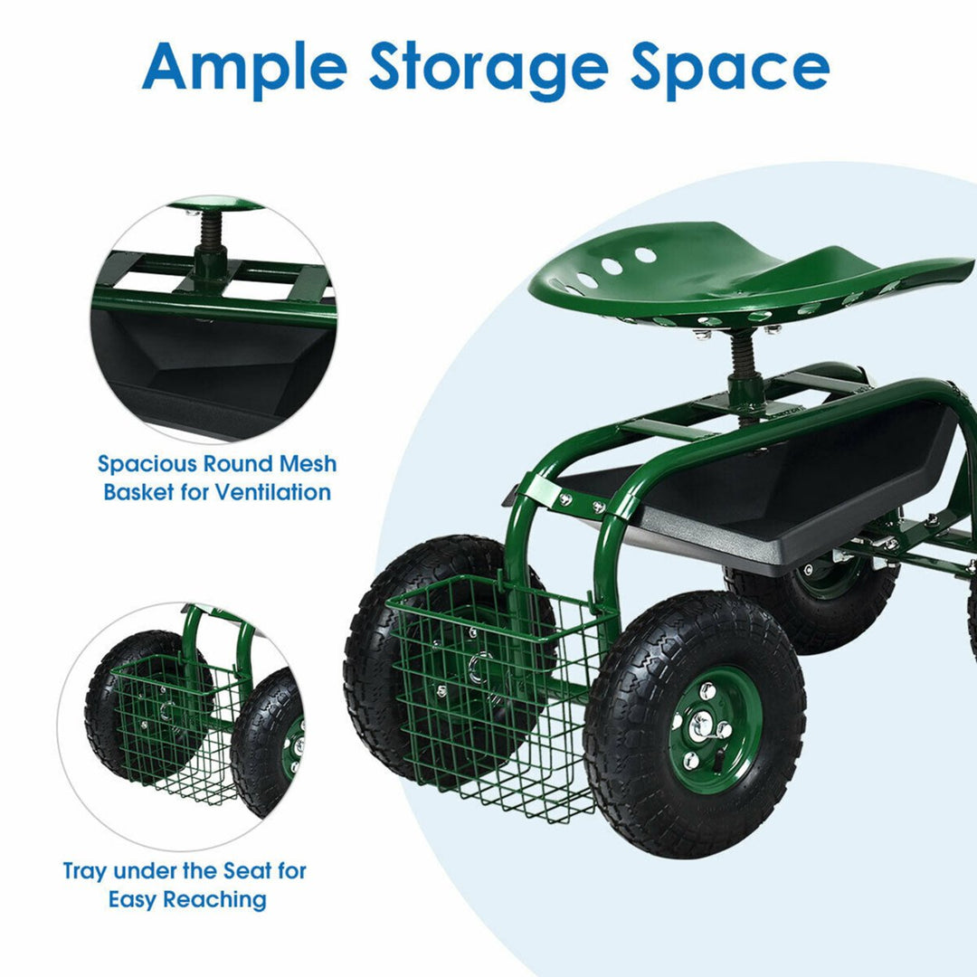 Rolling Garden Cart Scooter w/ Adjustable Seat Storage Basket Tray Green Image 6