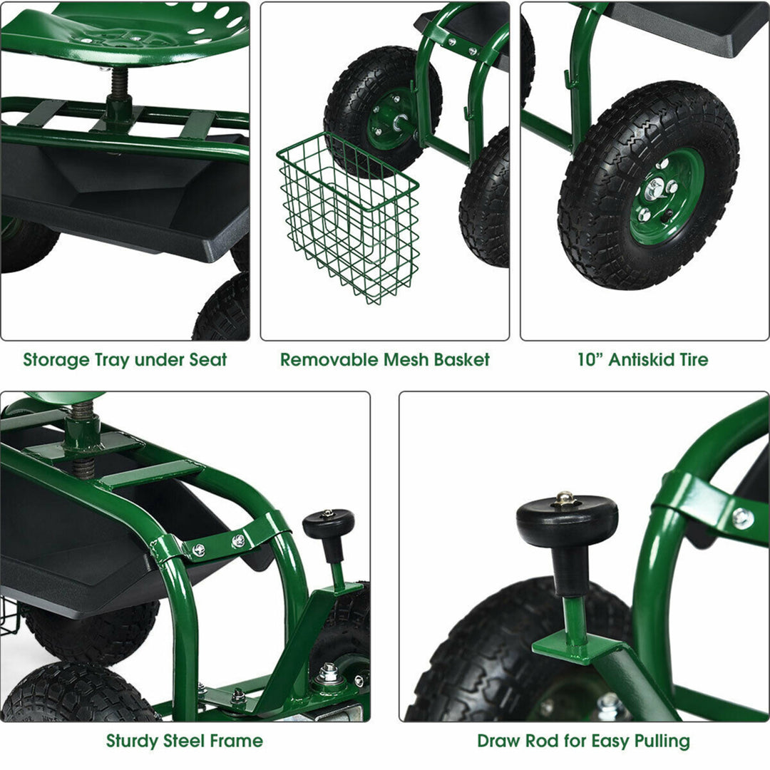 Rolling Garden Cart Scooter w/ Adjustable Seat Storage Basket Tray Green Image 7