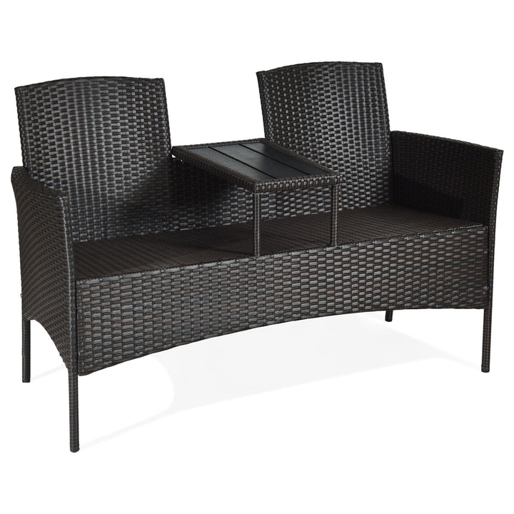 Gymax Cushioned Rattan Wicker Patio Conversation Set w/ Loveseat Table Mix Brown Image 10