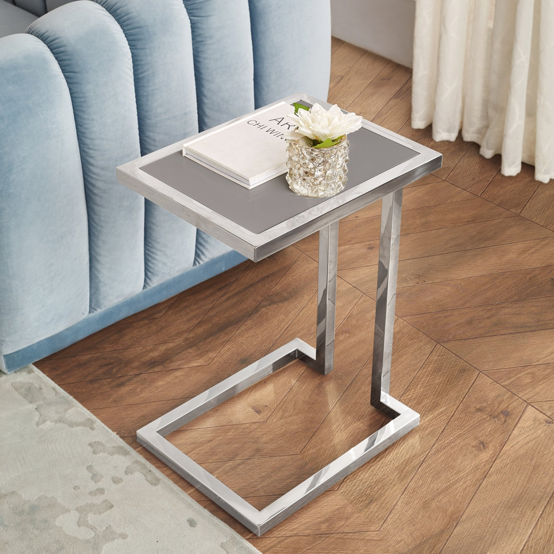 Lana End Table-High Gloss Lacquer Finish-Polished Stainless Steel Base Image 6