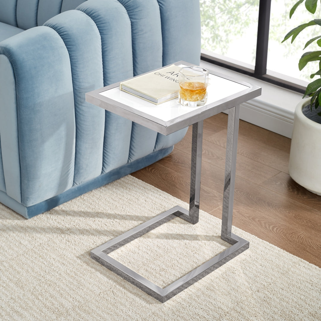 Lana End Table-High Gloss Lacquer Finish-Polished Stainless Steel Base Image 7