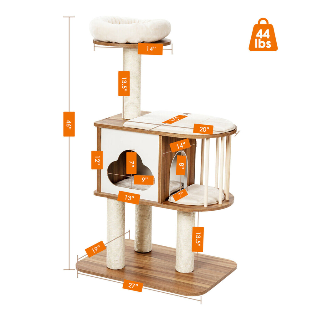 46 Modern Wooden Cat Tree with Platform and Washable Cushions for Kittens and Cats Image 2