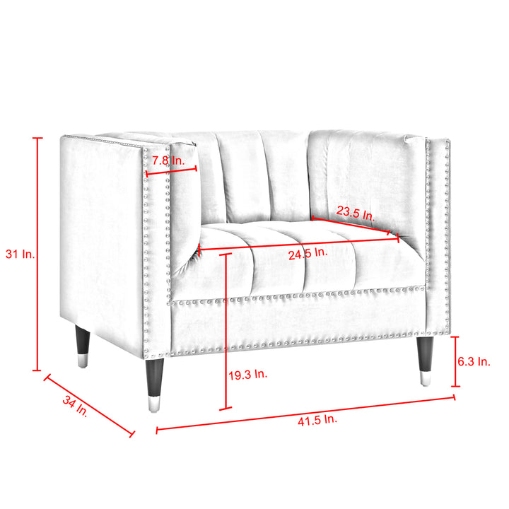 Geoffey Velvet Club Chair or Sofa-Channel Tufted-Nailhead Trim-Metal Tip Legs-By Nicole Miller Image 11