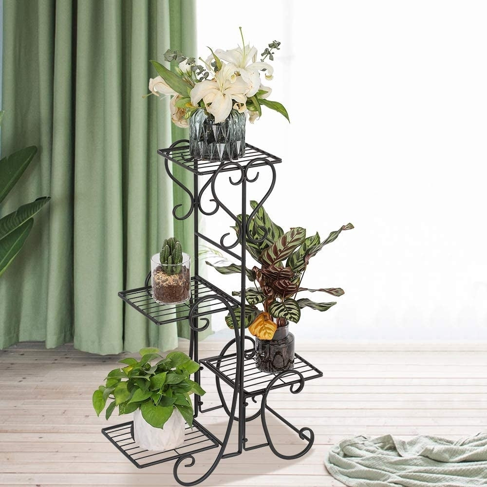 VINGLI Metal Plant Stand Flower Holder Racks 4 Tier Shelves Patio Stand Holder Outdoor Displaying Plants Flowers (Black- Image 1