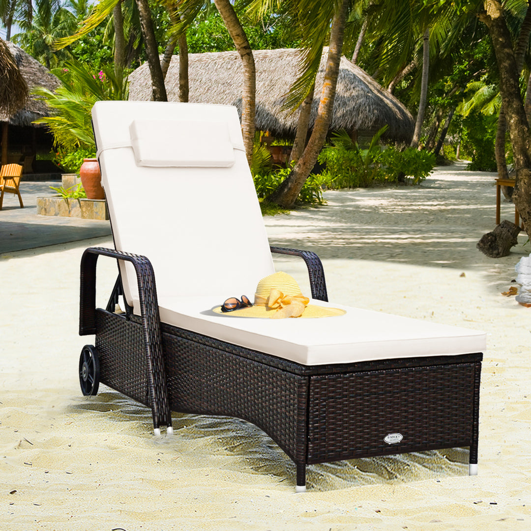 Cushioned Outdoor Wicker Chaise Lounge Chair w/ Wheel Adjustable Backrest Image 1