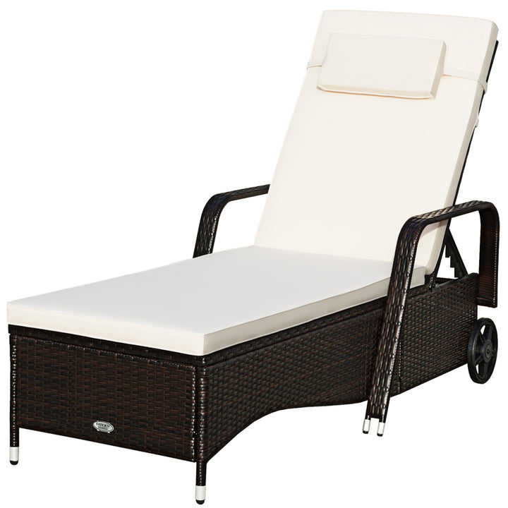 Cushioned Outdoor Wicker Chaise Lounge Chair w/ Wheel Adjustable Backrest Image 3