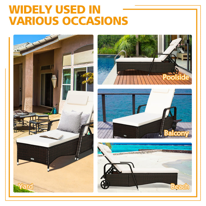 Cushioned Outdoor Wicker Chaise Lounge Chair w/ Wheel Adjustable Backrest Image 5