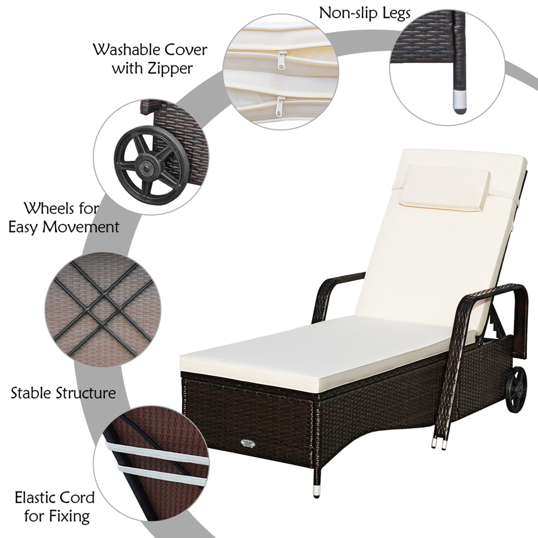 Cushioned Outdoor Wicker Chaise Lounge Chair w/ Wheel Adjustable Backrest Image 9