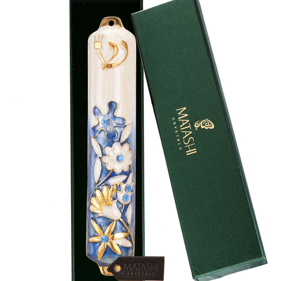 Matashi Hand Painted 5" Blue and Ivory Enamel Flower Mezuzah Embellished with Gold Accents and fine Crystals Image 1