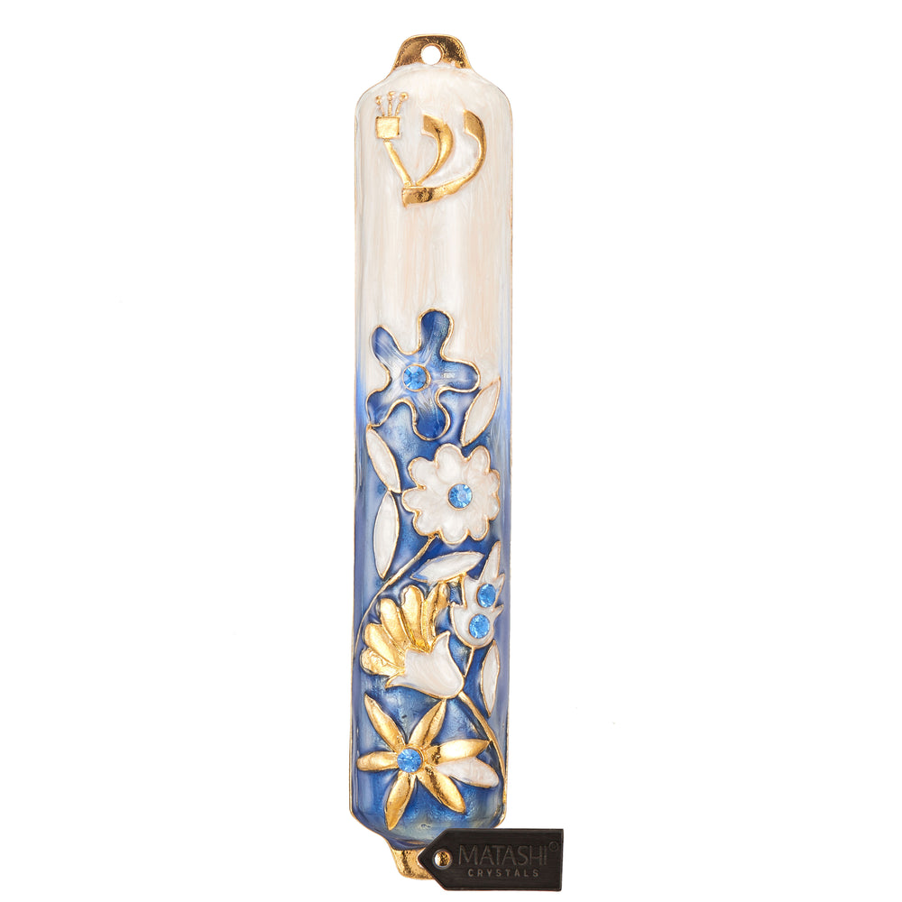 Matashi Hand Painted 5" Blue and Ivory Enamel Flower Mezuzah Embellished with Gold Accents and fine Crystals Image 2