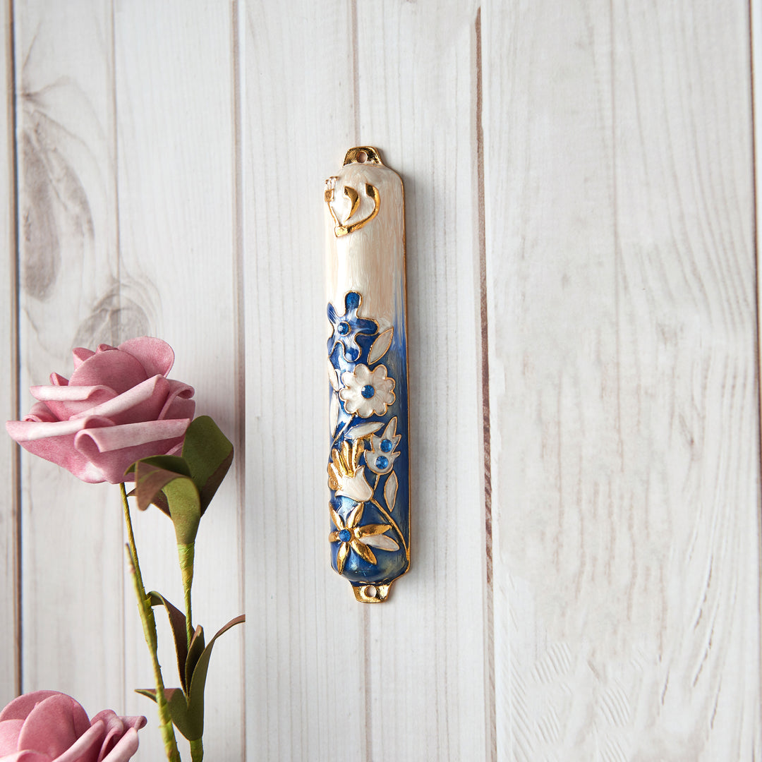 Matashi Hand Painted 5" Blue and Ivory Enamel Flower Mezuzah Embellished with Gold Accents and fine Crystals Image 3