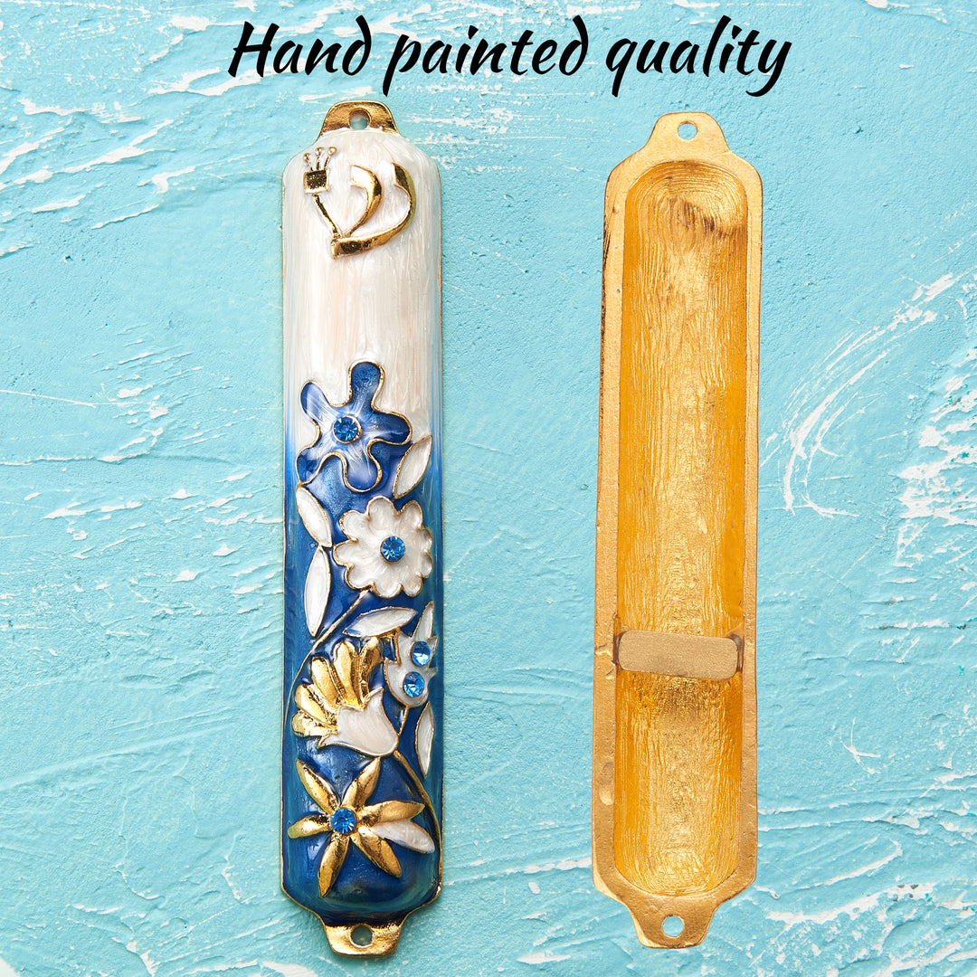 Matashi Hand Painted 5" Blue and Ivory Enamel Flower Mezuzah Embellished with Gold Accents and fine Crystals Image 4