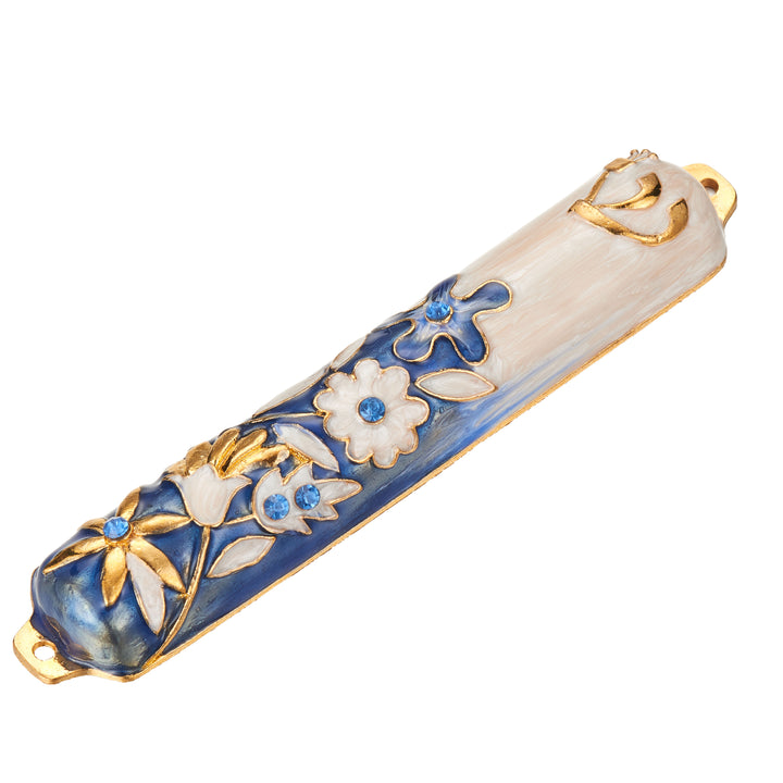 Matashi Hand Painted 5" Blue and Ivory Enamel Flower Mezuzah Embellished with Gold Accents and fine Crystals Image 5