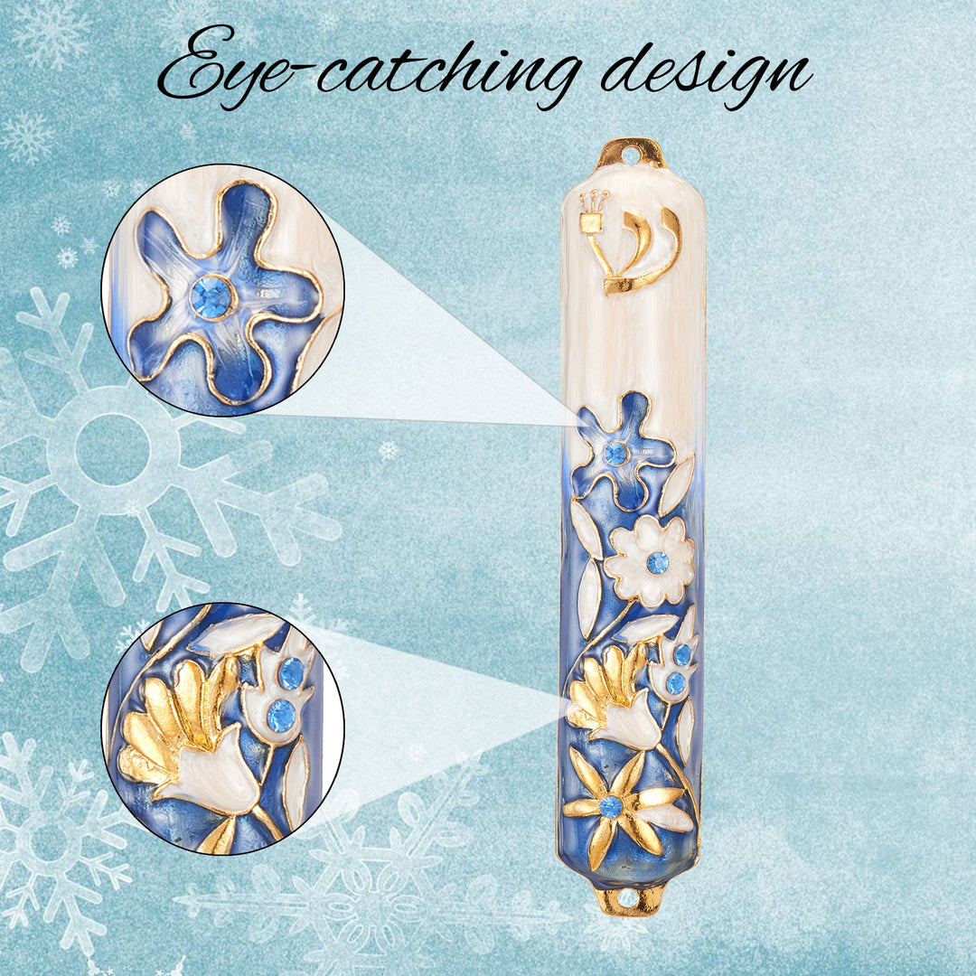 Matashi Hand Painted 5" Blue and Ivory Enamel Flower Mezuzah Embellished with Gold Accents and fine Crystals Image 6