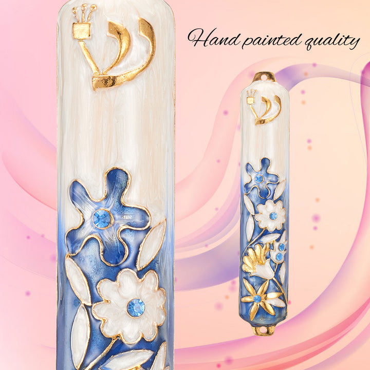 Matashi Hand Painted 5" Blue and Ivory Enamel Flower Mezuzah Embellished with Gold Accents and fine Crystals Image 7