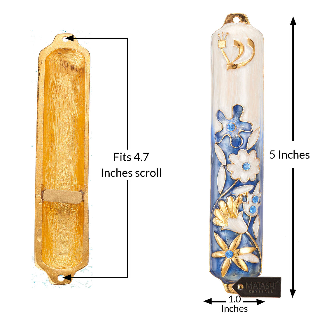 Matashi Hand Painted 5" Blue and Ivory Enamel Flower Mezuzah Embellished with Gold Accents and fine Crystals Image 8