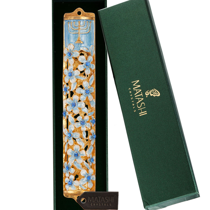 Matashi Hand Painted 5.5" Blue and Ivory Enamel Flower Mezuzah Embellished w/ Gold Accents,Menorah Design and fine Image 1